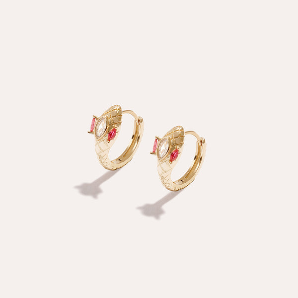 Red Spinal Snake Hoop Earrings in 14kt Gold Over Sterling Silver