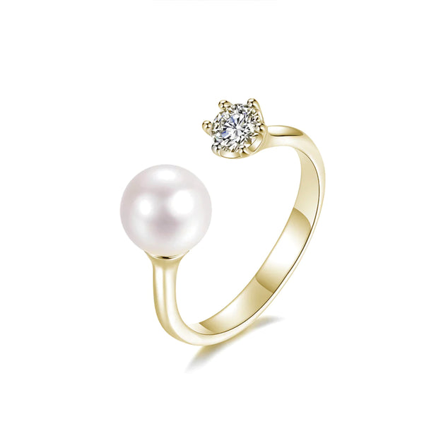 Moon and Star Pearl Open Ring in Sterling Silver